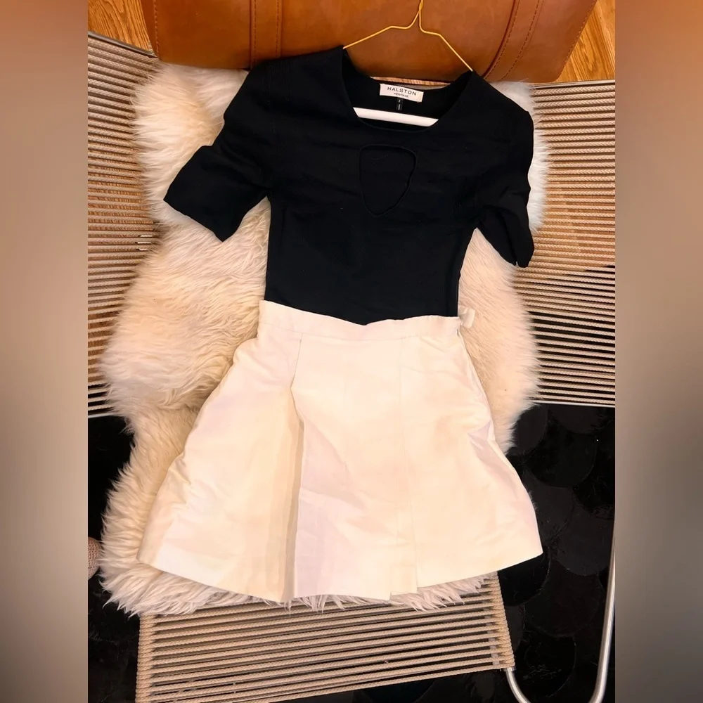 Halston Heritage Two For One Colorblock Flared Dress Eggshell/Black - Picture 7 of 7